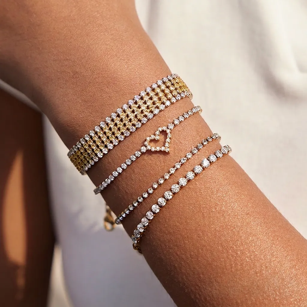 Bracciale Tennis in Acciaio Inossidabile con Zirconia per Donna Ciondolo a Cuore di Lusso Placcato Oro Gioielli con Strass