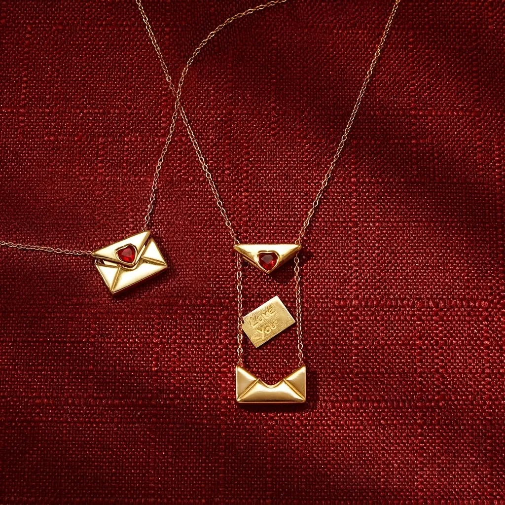 Collier Pendentif Enveloppe en Acier Inoxydable Avec Coeur Zircone Rouge Message Caché Love You Bijoux pour Femmes