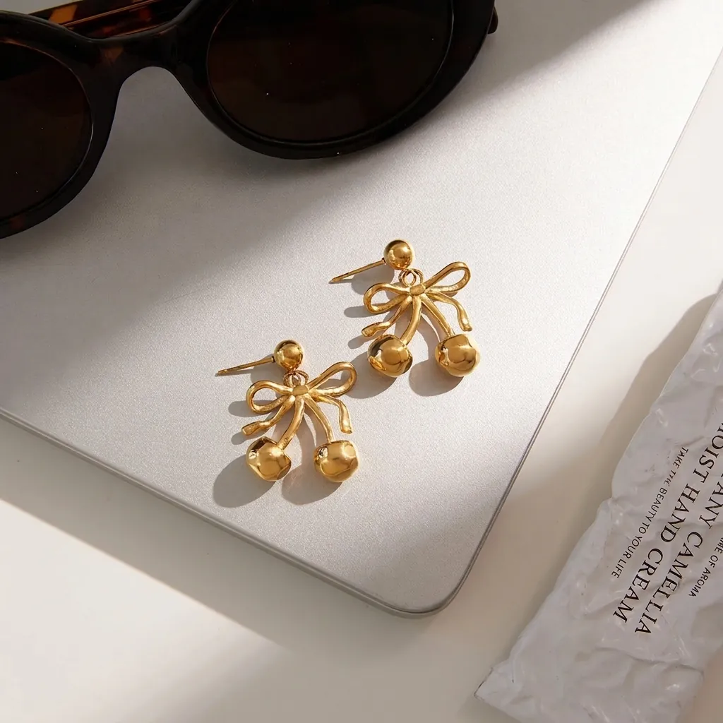 Luxury Stainless Steel Bow Cherry Stud Earrings For Women Gold Bowknot Fruit Pendant Earrings Fashion High-end Jewelry Gift