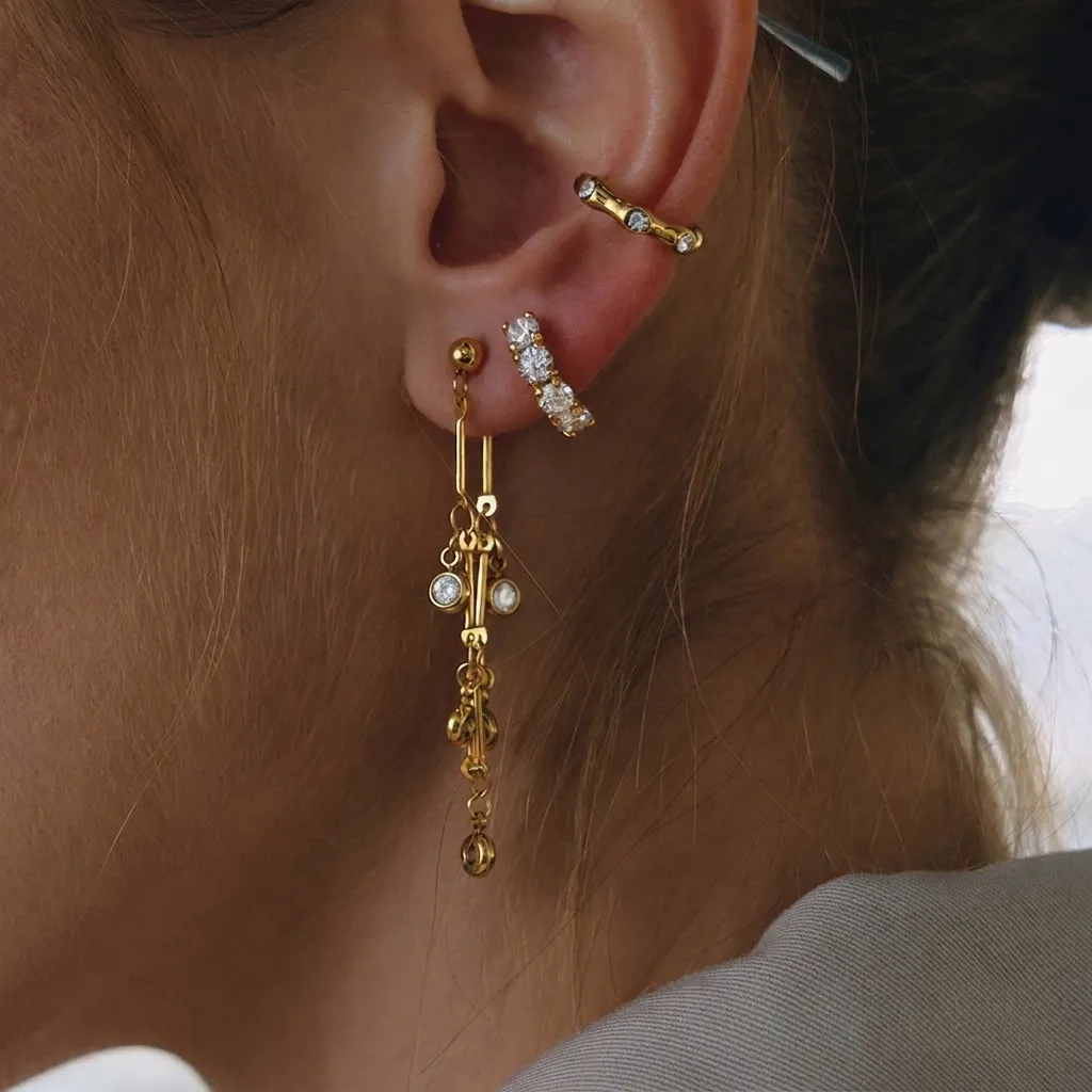 Boucles d'Oreilles Pendantes à Gland en Acier Inoxydable avec Zirconia pour Femmes Plaqué Or Argent Élégant Mode Géométrique Chaîne Bijoux Cadeau