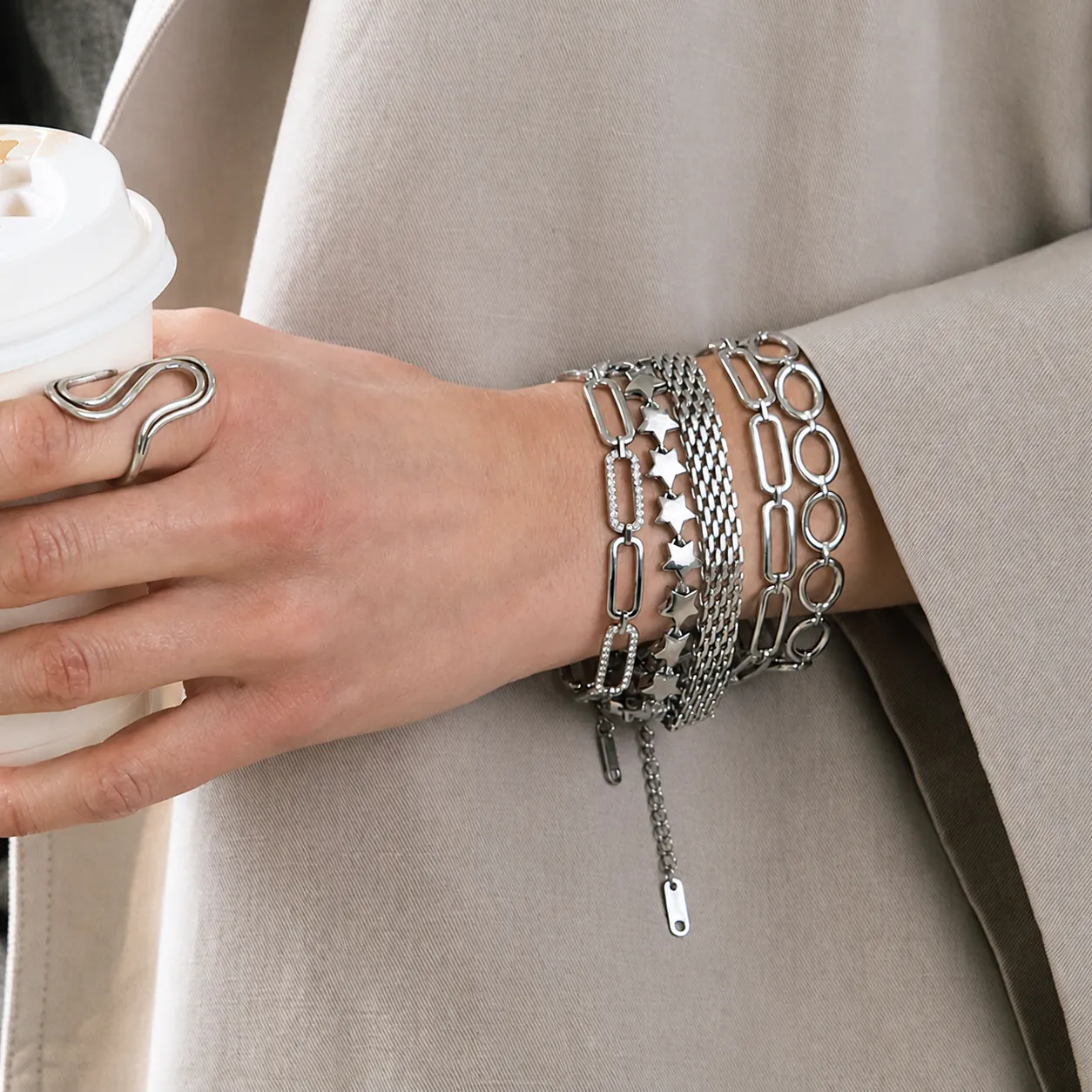 Minimalistisches Edelstahl Armband Für Damen Silber Wasserdicht Hypoallergen Stern Netz Büroklammerkette Geometrischer Schmuck