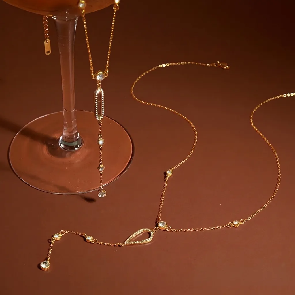 Stainless Steel Y Necklace 18K Gold Plated Zirconia Waterdrop Tassel Lariat Long Sweater Chain For Women Jewelry