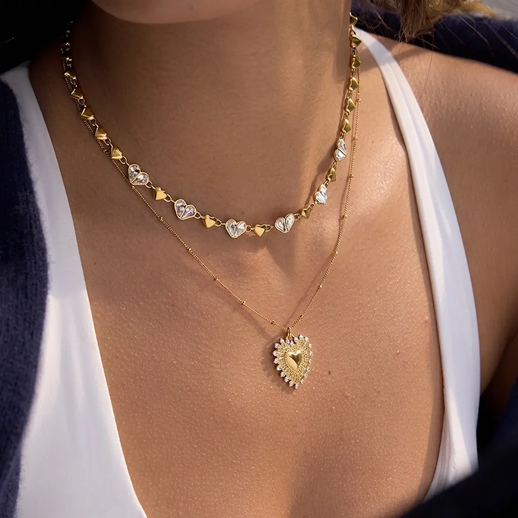 Parure de Bijoux en Acier Inoxydable Cœur Strass pour Femme Collier et Bracelet Cœur Plaqué Or