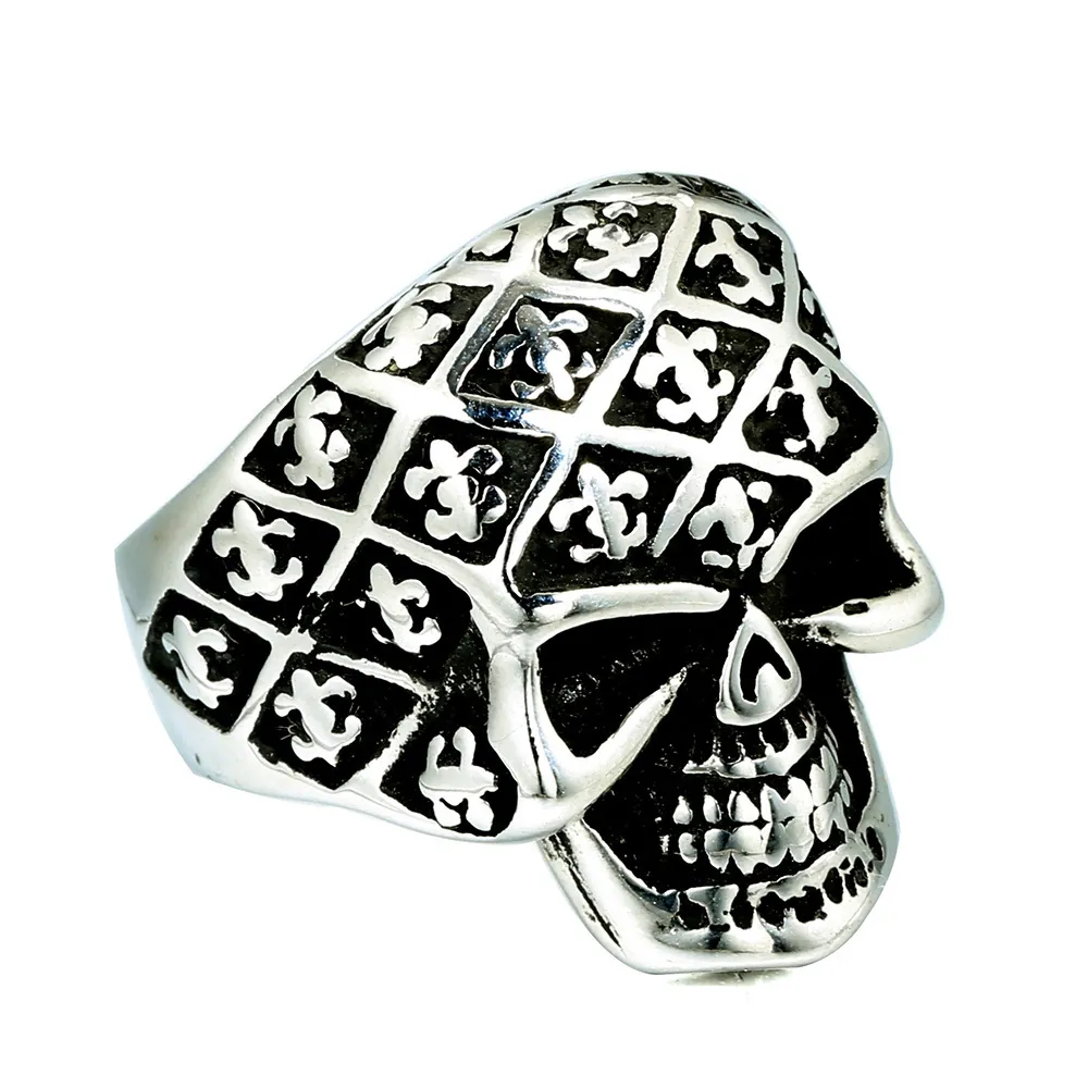 Vintage Men Stainless Steel Skull Ring Gothic Fleur-de-lis Punk Biker Ring Retro Silver Tone Distressed Polished Jewelry Gift