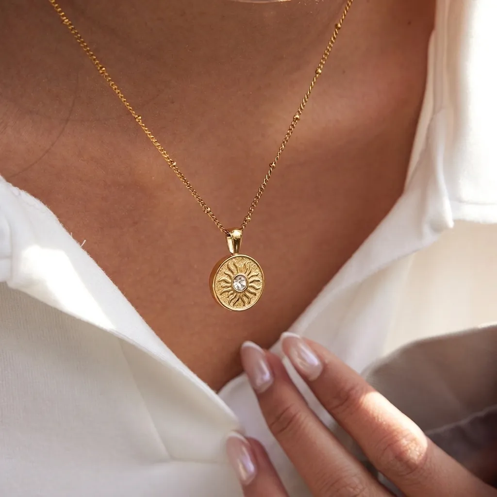 18K Gold Plated Stainless Steel Sun Pendant Necklace For Women Bohemian Zirconia Star Moon Satellite Chain Light Luxury Jewelry