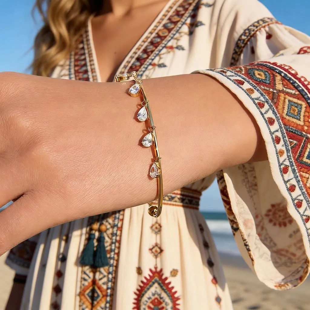 Stainless Steel Droplet Zircon Open Bangle Gold Plated Water Resistant Bohemian Cuff Bracelet For Women Elegant Vacation Jewelry