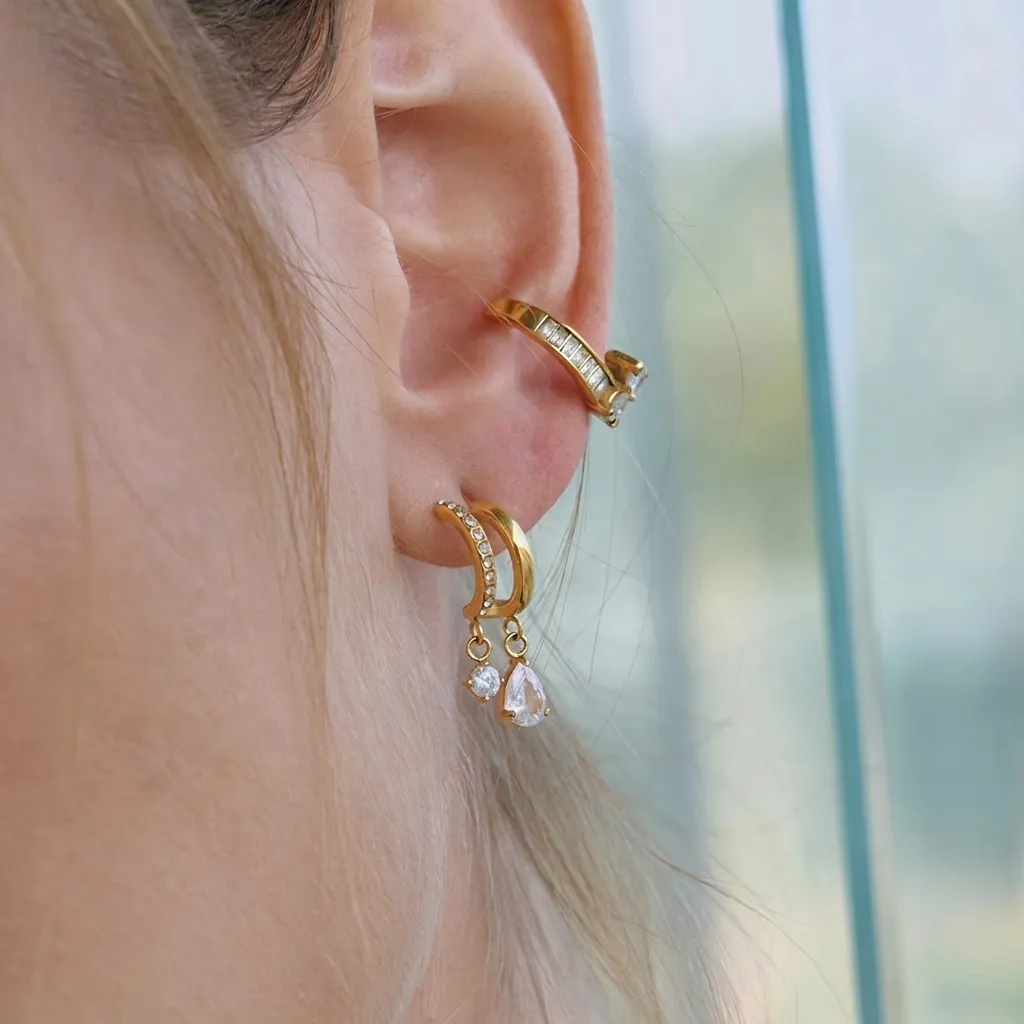 Stainless Steel Rhinestone Teardrop Earring Collection For Women Gold Plated Geometric Ear Cuff And Hoop Jewelry Gift
