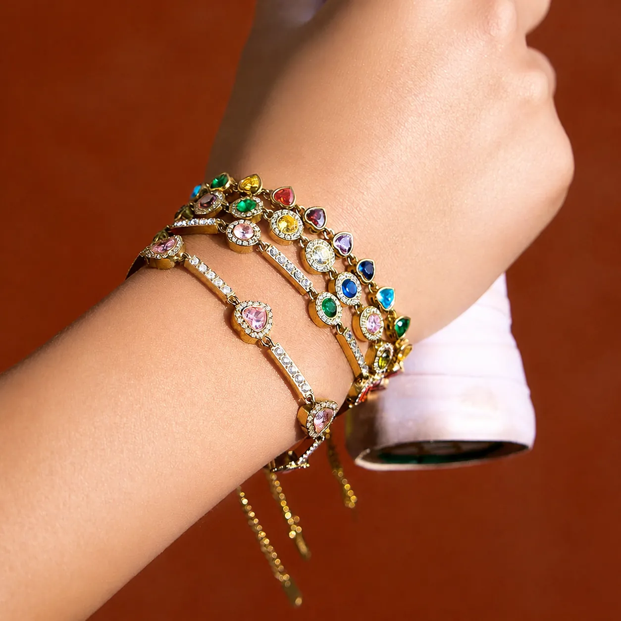 Luxus Edelstahl Zirkon Herz Armband Für Damen Mehrfarbig Rund Edelstein Wasserdicht Hypoallergen Gold Galvanisiert Mode Schmuck