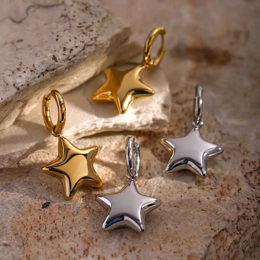 Boucles d'Oreilles Créoles Minimalistes en Acier Inoxydable Étoile 3D pour Femmes Plaquées Or 16K Argent Bijoux Géométriques