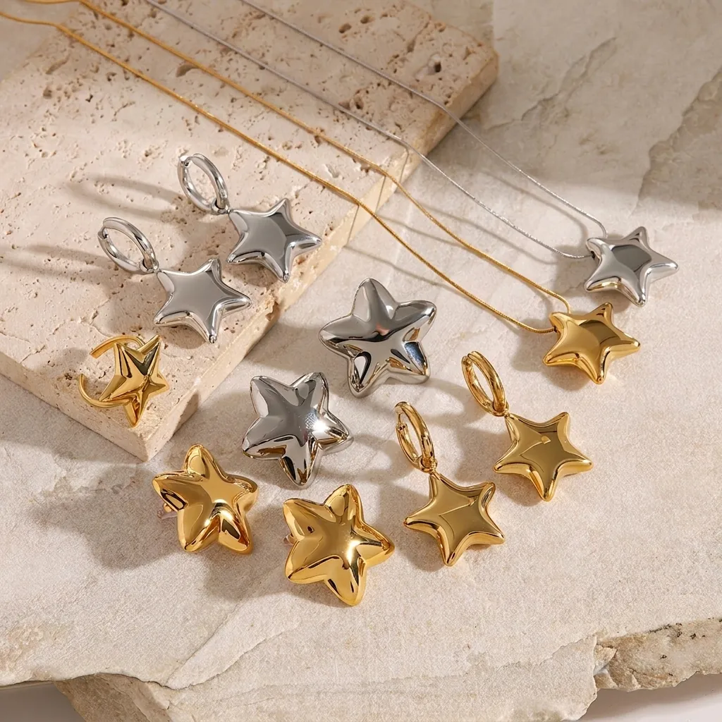 Minimalist Stainless Steel 3D Puffed Star Necklace Earrings Ring Fashion Waterproof Hypoallergenic Jewelry For Women