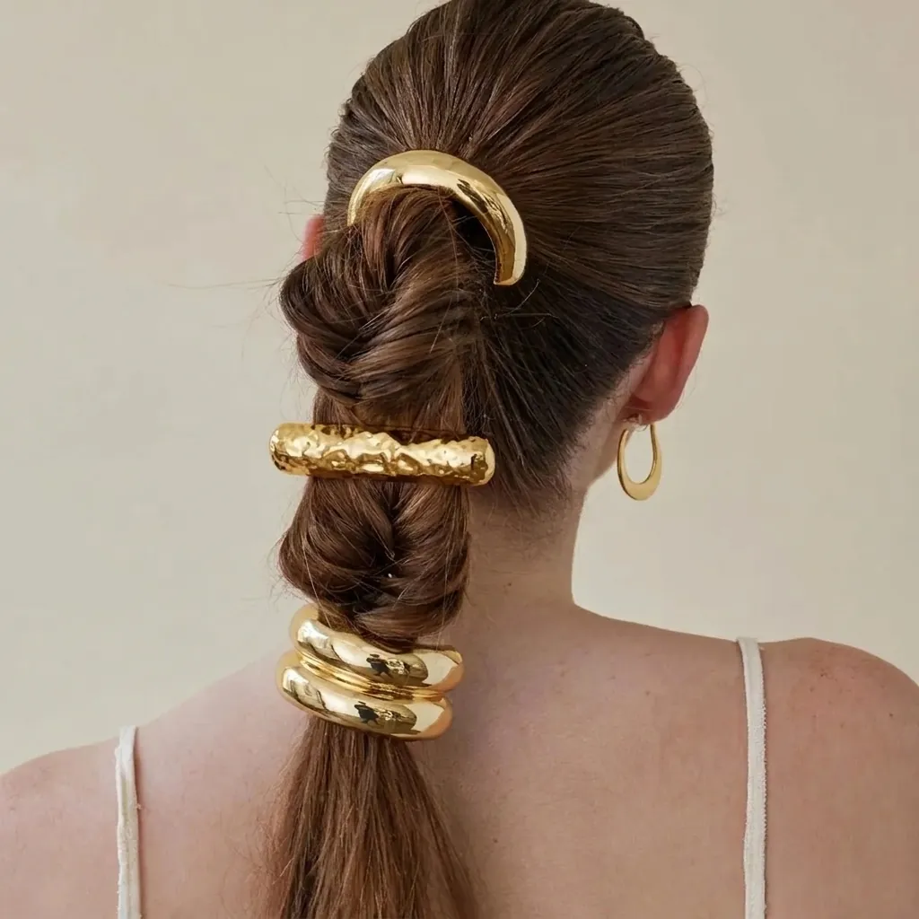 Edelstahl Metall Haarschellen Pferdeschwanz Halter Hohe Textur Geometrische Metallische Scrunchie Für Damen Mode Haarschmuck