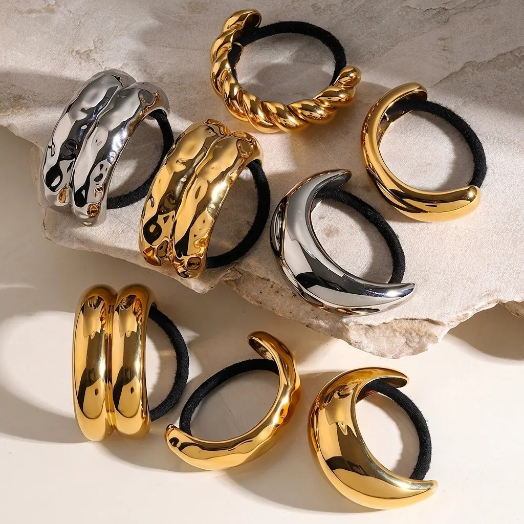 Elastici Per Capelli In Acciaio Inossidabile Minimalisti Per Donna Scrunchies Geometrici In Metallo Oro Argento Supporto Per Coda Di Cavallo Ad Alta Elasticità Accessorio