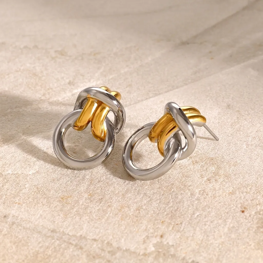 Boucles d'Oreilles Clous Nœud en Acier Inoxydable Bicolore Or Argent Boucles d'Oreilles Géométriques pour Femmes Bijoux Hypoallergéniques
