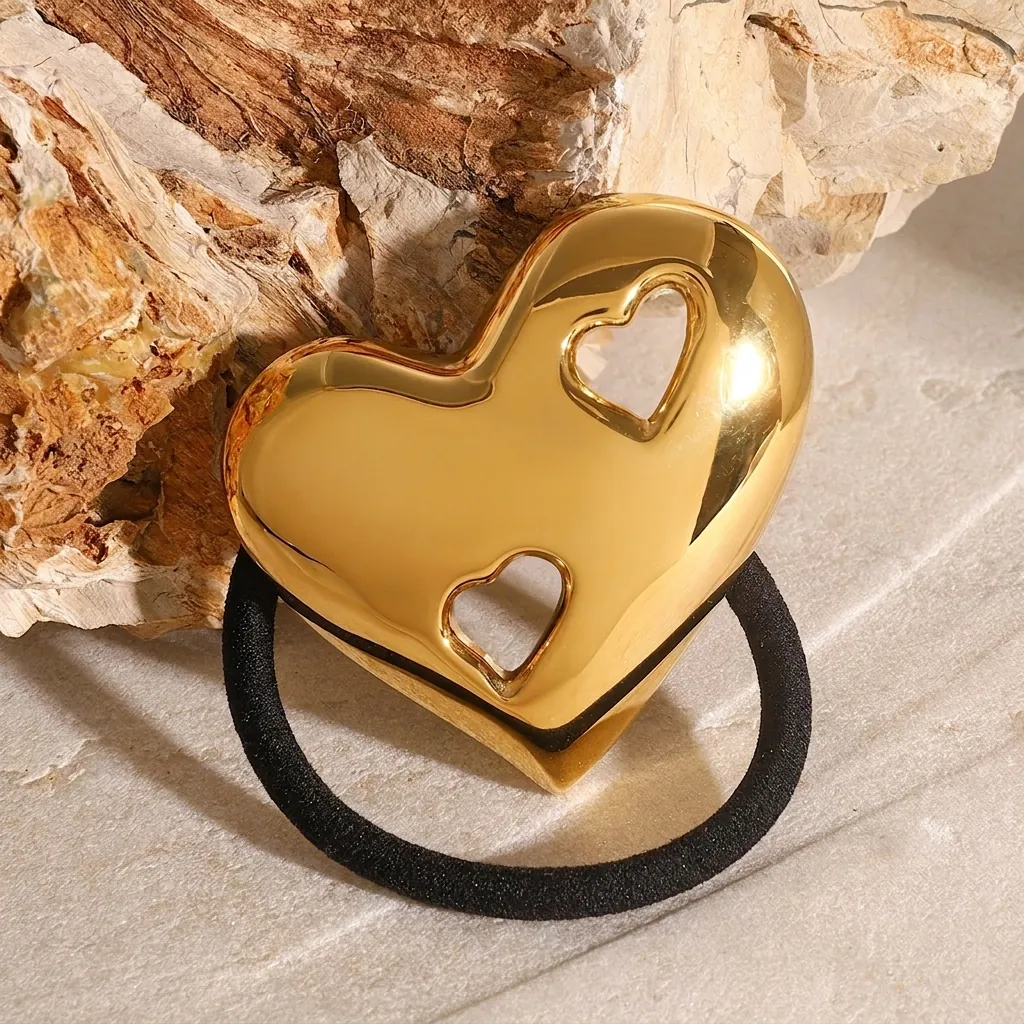 Hollow Heart Stainless Steel Hair Tie Gold Polished Metal Elastic Hair Cord Fashion Hair Accessories For Women Girls