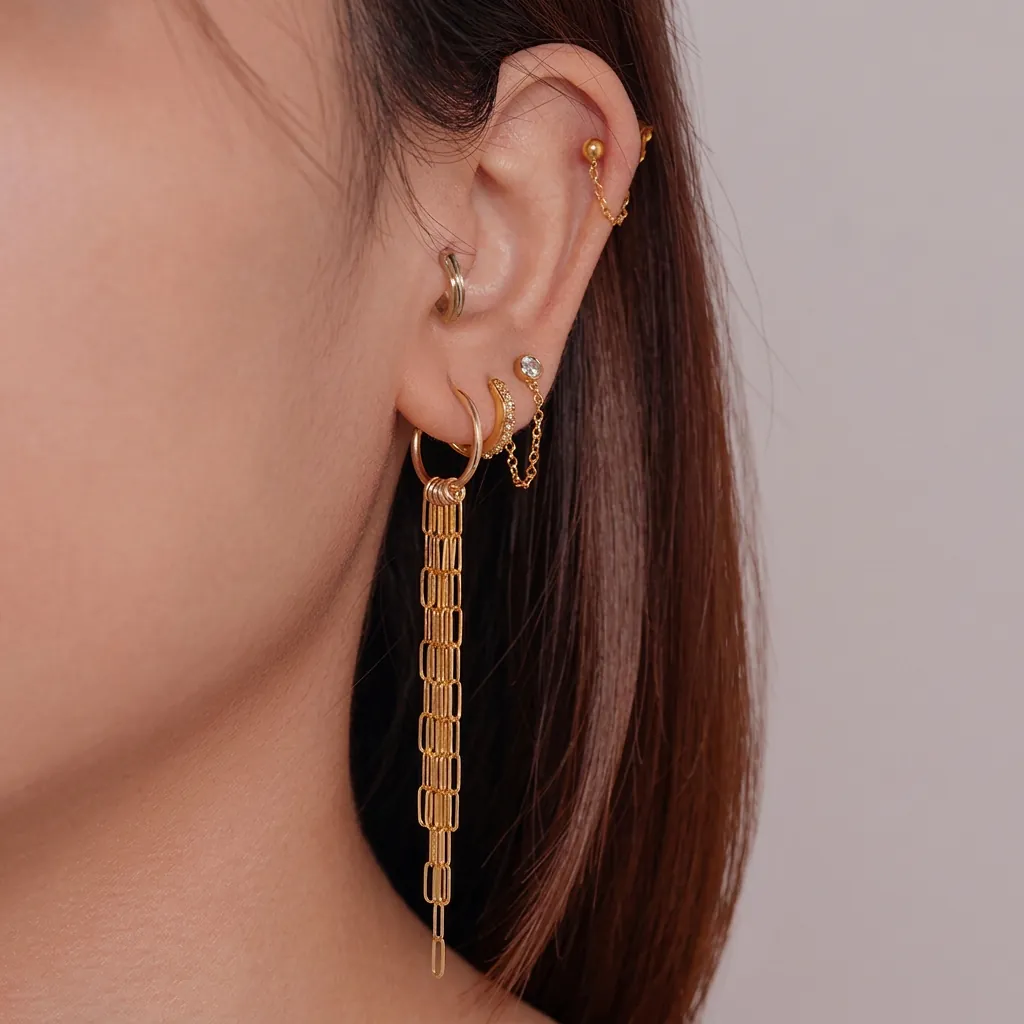 Boucles d'Oreilles Pendantes Longues à Franges en Acier Inoxydable Plaqué Or pour Femmes Chaîne Trombone Géométrique Bijoux