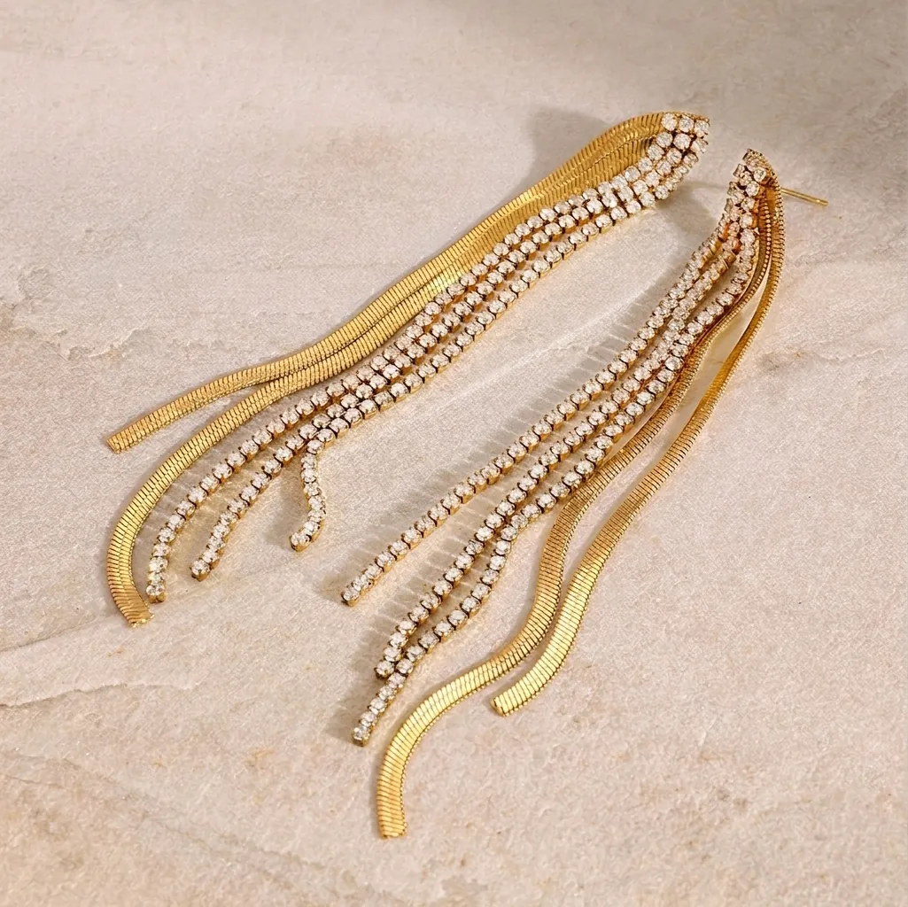 Luxury Stainless Steel Long Tassel Dangle Earrings Gold Plated Snake Chain Zirconia Inlaid Drop Earrings For Women Party