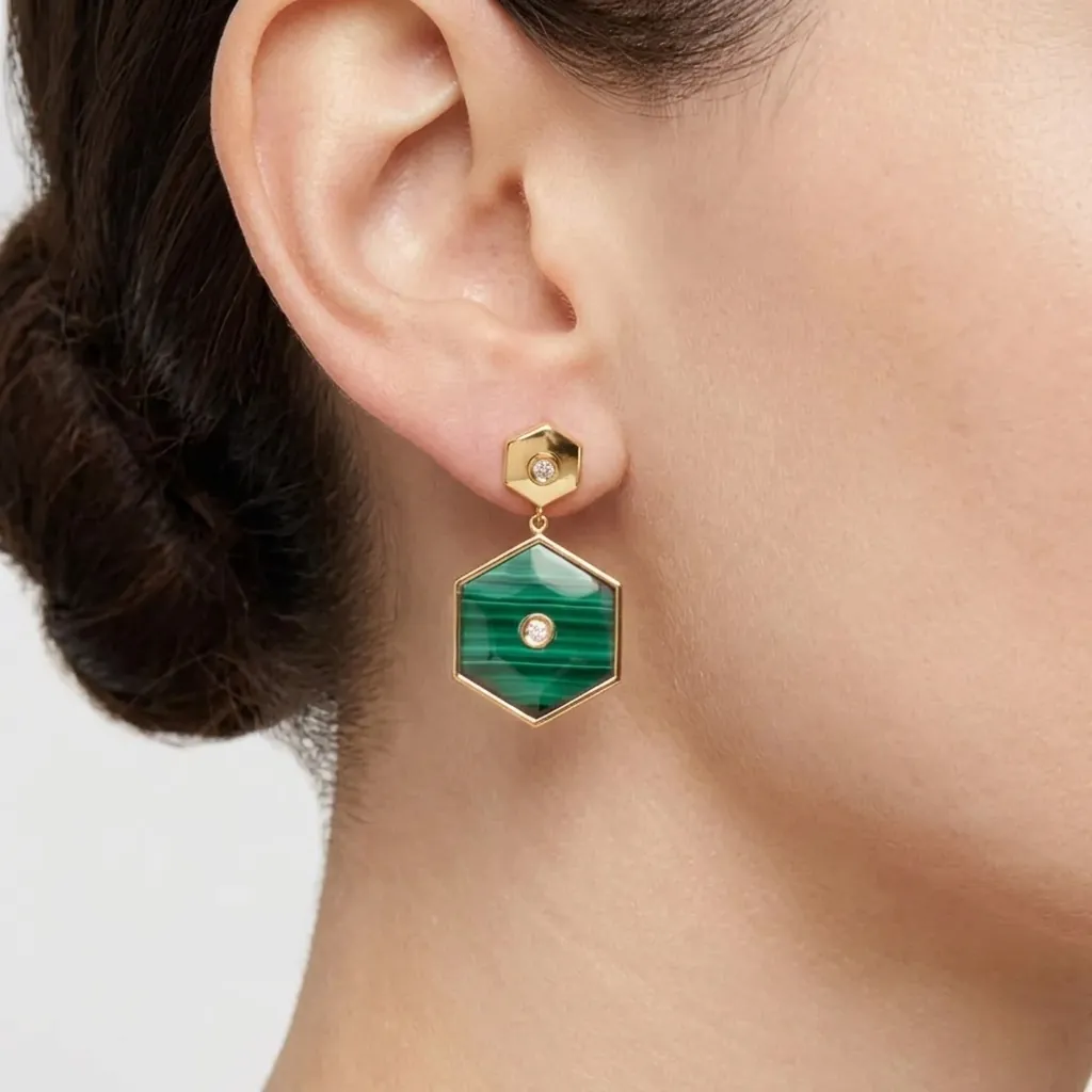 Stainless Steel Hexagon Stud Earrings Gold Plated Faux Malachite Geometric Inlay Dangle Earrings For Women Vintage Jewelry