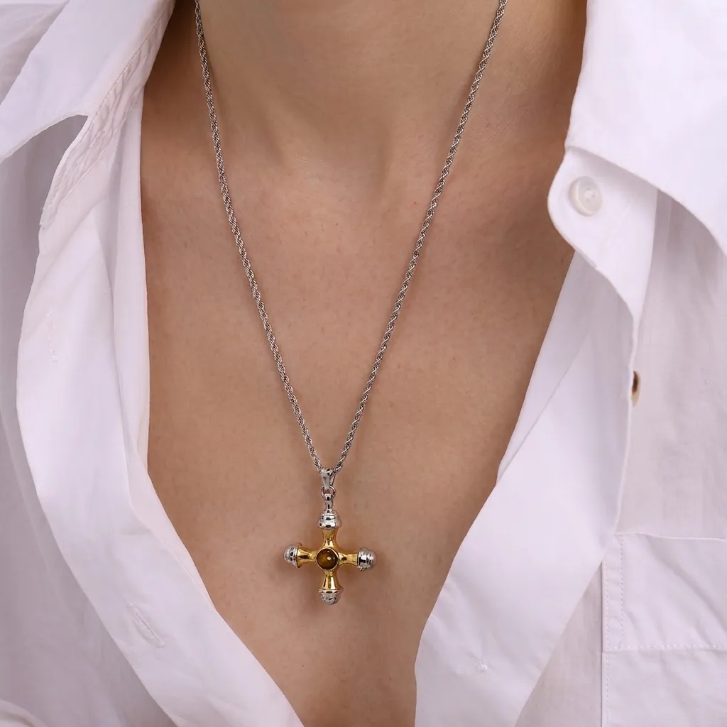 Collier Pendentif Croix en Acier Inoxydable Bicolore pour Femme Incrusté de Pierre d'Œil de Tigre Chaîne Torsadée Bijoux