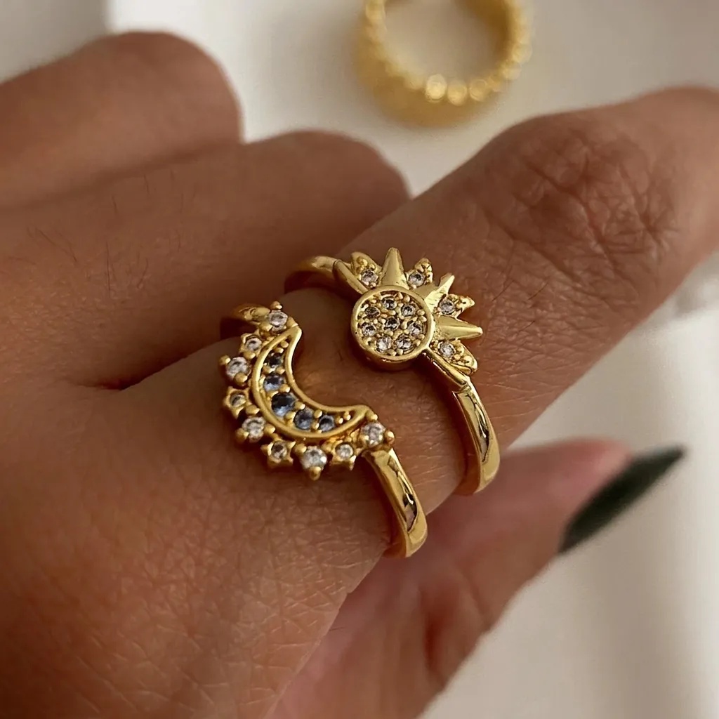 Bohemian Stainless Steel Sun Moon Open Ring For Women Gold Plated Rhinestone Celestial Adjustable Fashion Jewelry Finger Ring Gift