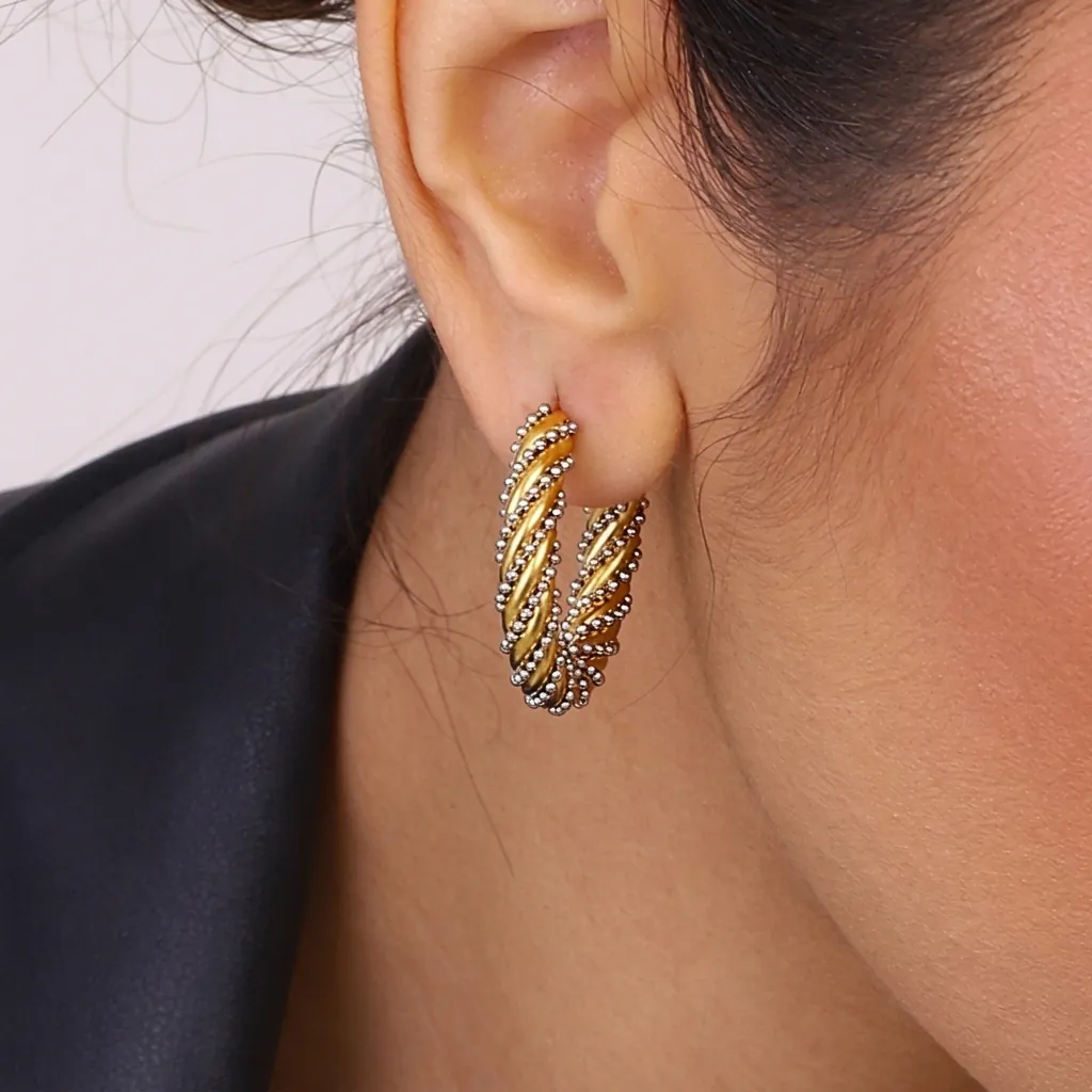 Boucles d'Oreilles Anneaux en Forme de C en Acier Inoxydable Bicolore Or Argent Corde Torsadée pour Femmes Bijoux Minimalistes Vintage