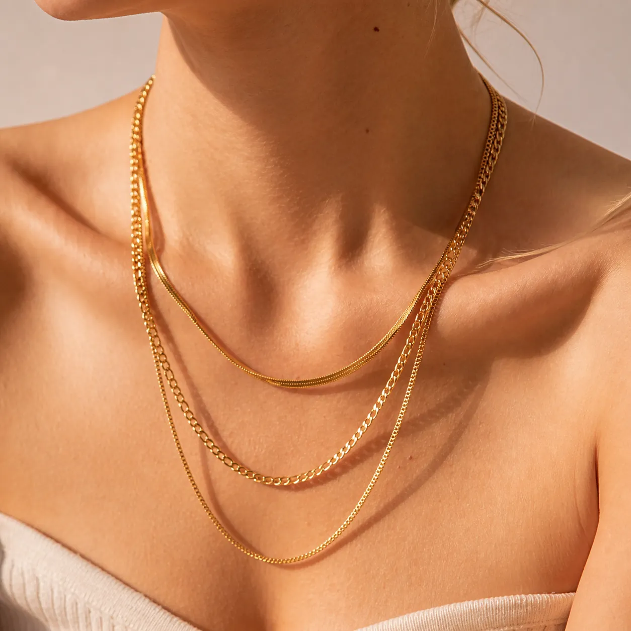 Triple Stacked Stainless Steel Necklace For Women Gold Plated Figaro Snake Box Chain Jewelry Accessory