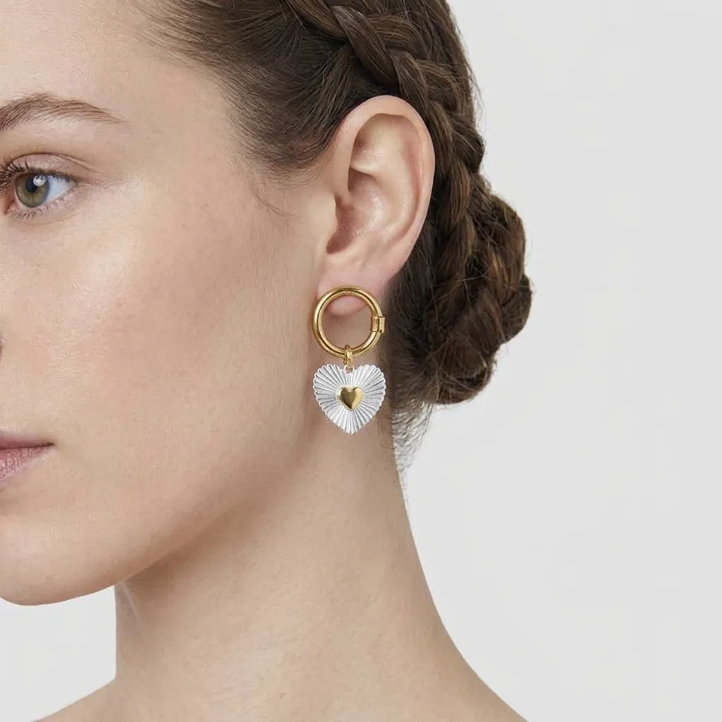 Luxury Stainless Steel Two Tone Heart Dangle Hoop Earrings Radiating Texture Geometric Gold Silver Earrings For Women Jewelry