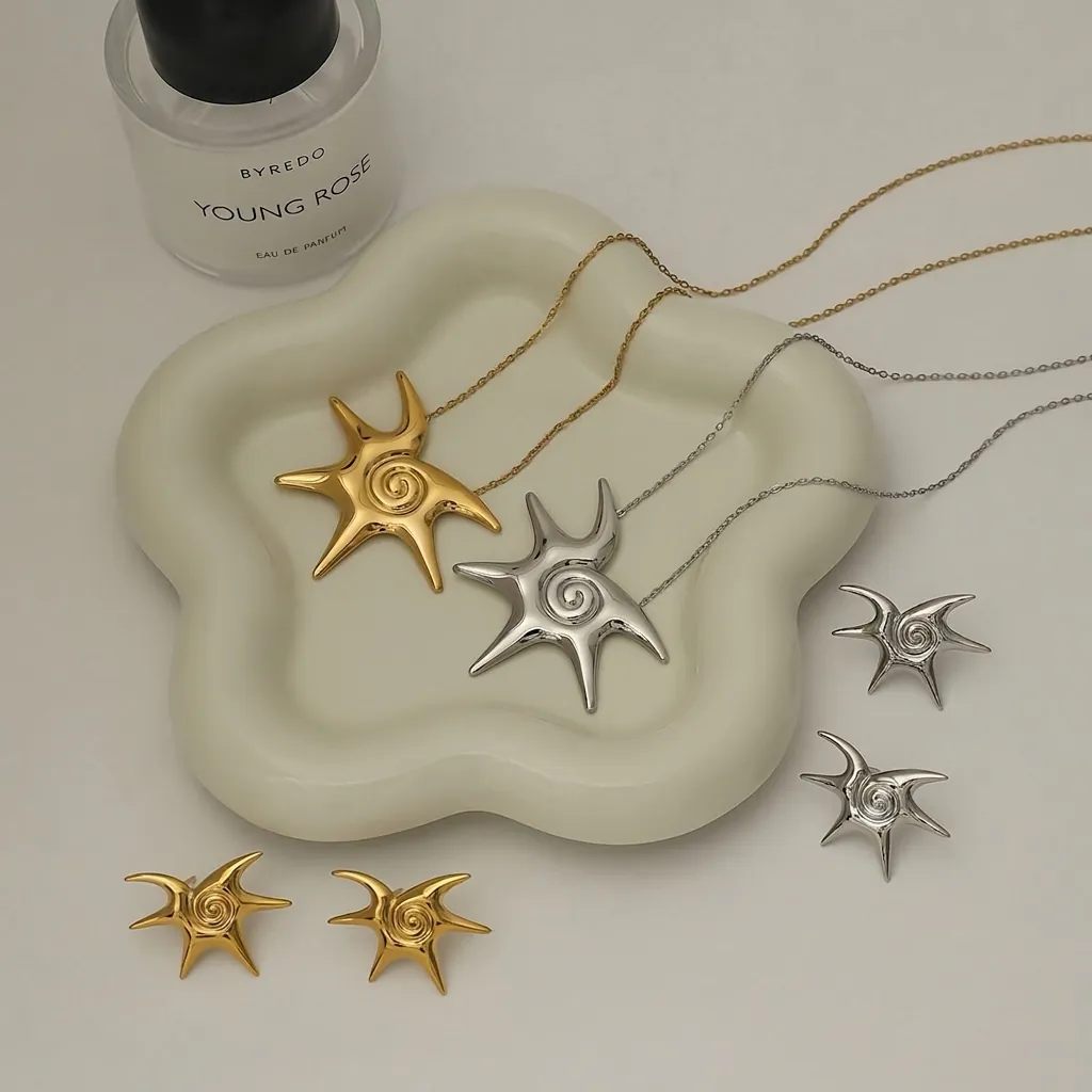 Irregular Starburst Spiral Stainless Steel Jewelry Set For Women Gold Silver Plated Star Pendant Necklace Stud Earrings Fashion Jewelry Gift