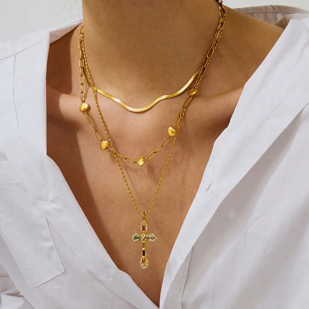 Vintage Edelstahl Kreuz Anhänger Halskette Für Damen Vergoldet Strass Religiöser Mode Schmuck Tägliches Party Geschenk