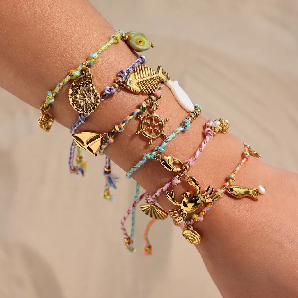 Bohemian Ocean Theme Woven Bracelet For Women Stainless Steel Metal Pendants Cotton Rope Adjustable Artificial Pearl Jewelry
