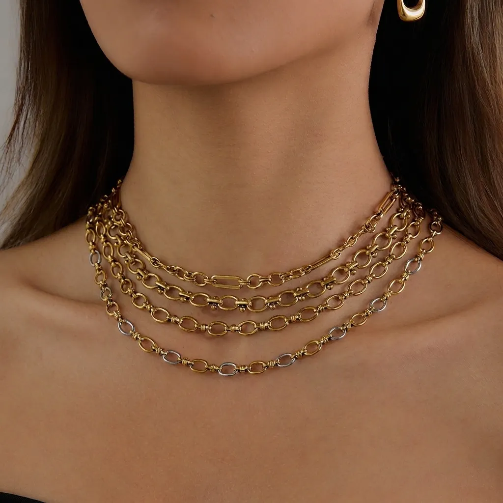 Collier Chaîne en Acier Inoxydable de Luxe Plaqué Or Dix-huit Carats Imperméable Hypoallergénique Bijoux Géométriques Femme