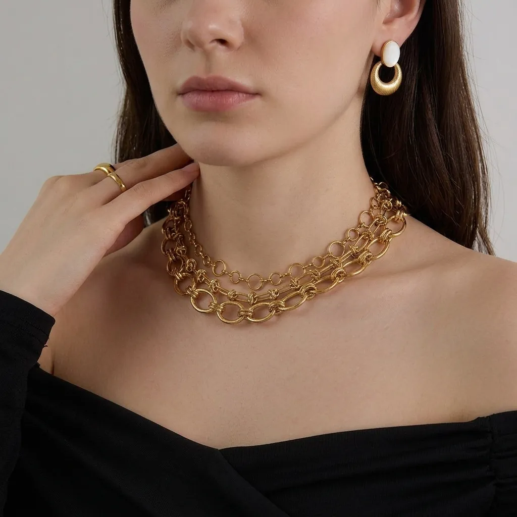 Collier Femme en Acier Inoxydable Plaqué Or Grosse Chaîne Nœud Géométrique Bijoux pour Mariage Fête Mode Quotidienne