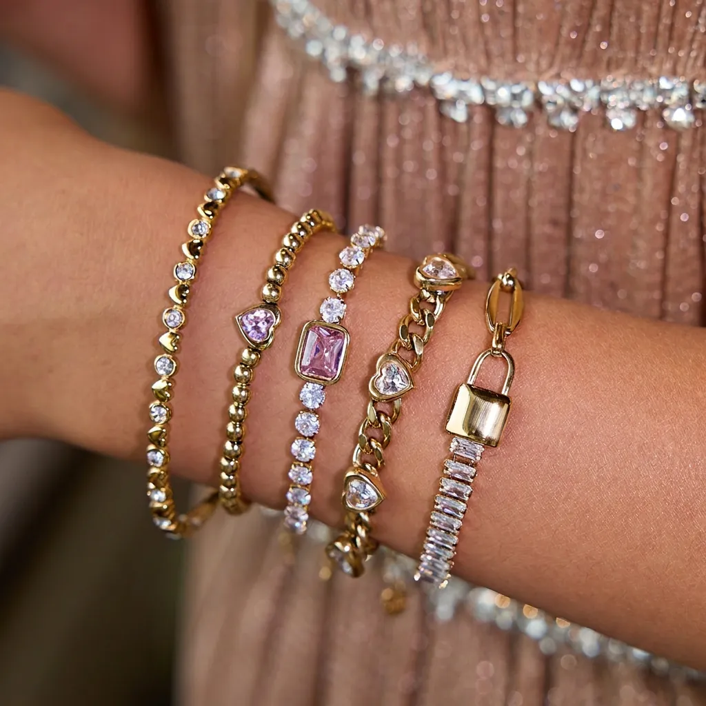 Stainless Steel Heart Rhinestone Bracelet For Women Light Luxury Gold Plated Geometric Pink Stone Adjustable Chain Bracelet