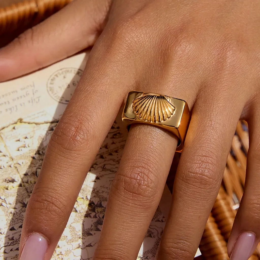 Bague Chevalière Carrée en Acier Inoxydable Plaqué Or Vintage Motif Relief Coquillage Bijoux de Mode pour Femmes