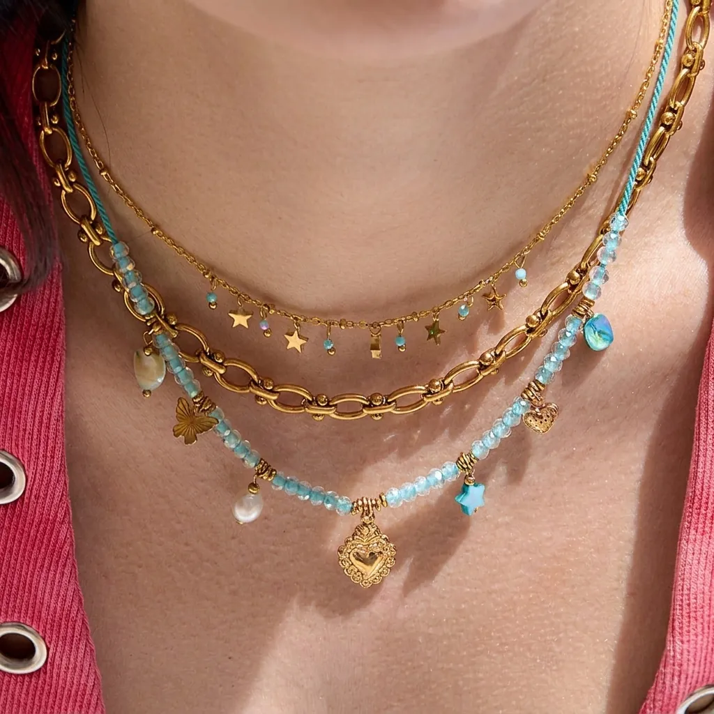 Collana Multistrato in Acciaio Inossidabile Bohemian Donna Oro Stella Cuore Farfalla Ciondoli Perline Blu Gioielli