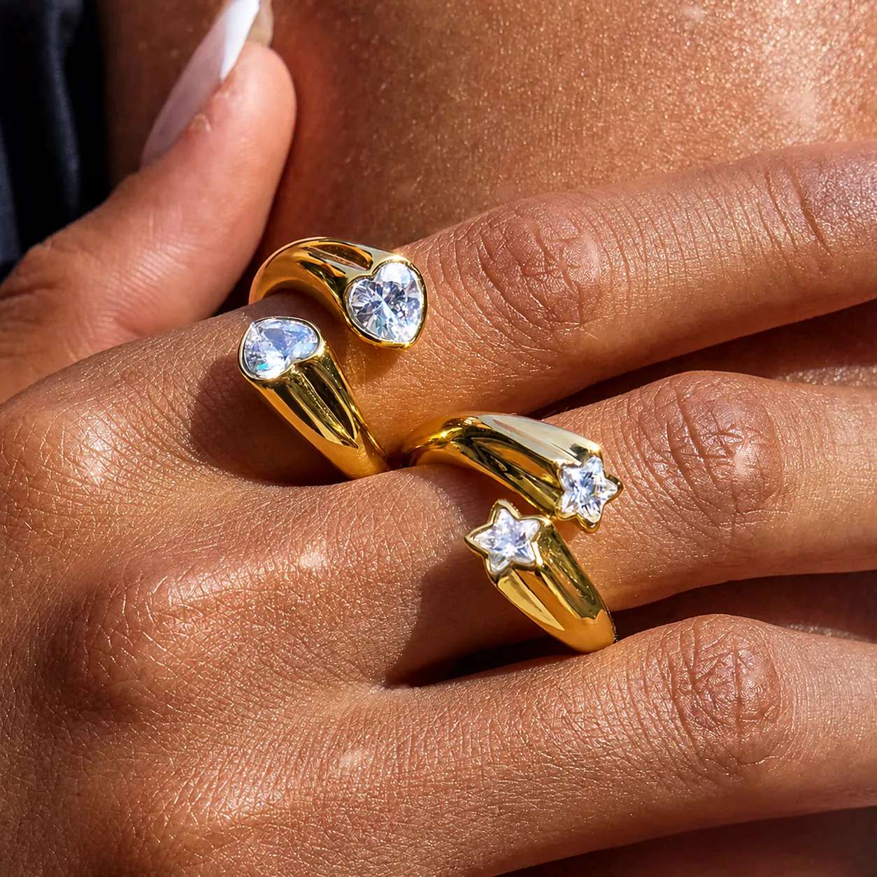 Anillo Abierto de Corazón y Estrella de Acero Inoxidable para Mujer Chapado en Oro Strass Ajustable Anillo Toi Et Moi Joyería