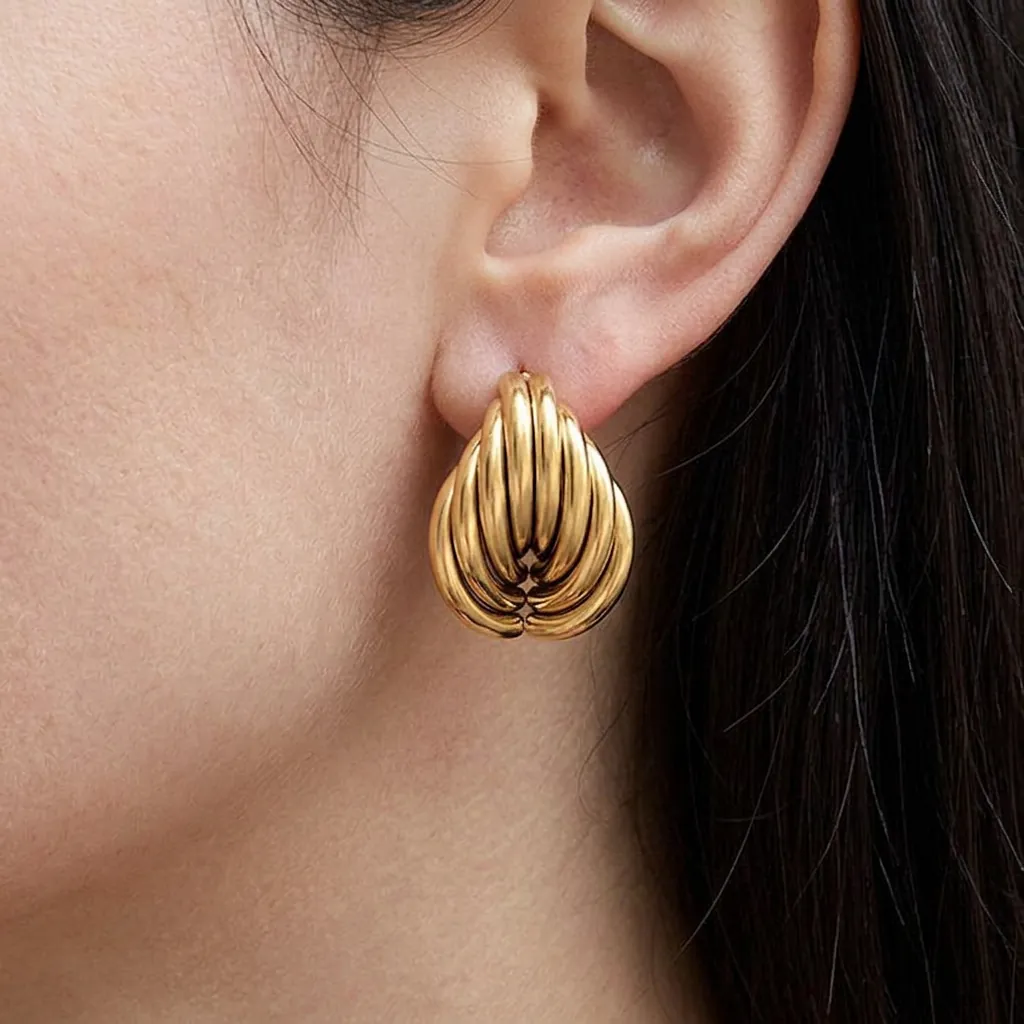 Boucles d'Oreilles Coeur en Acier Inoxydable Luxe pour Femmes Forme Larme Nervurée Or Bijoux de Mode