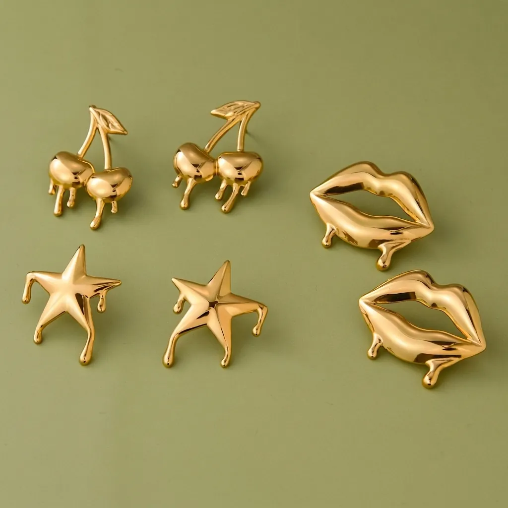Fashion Stainless Steel Liquid Drip Stud Earrings For Women Gold Plated Cherry Star Lips Shape Waterproof Jewelry Gift
