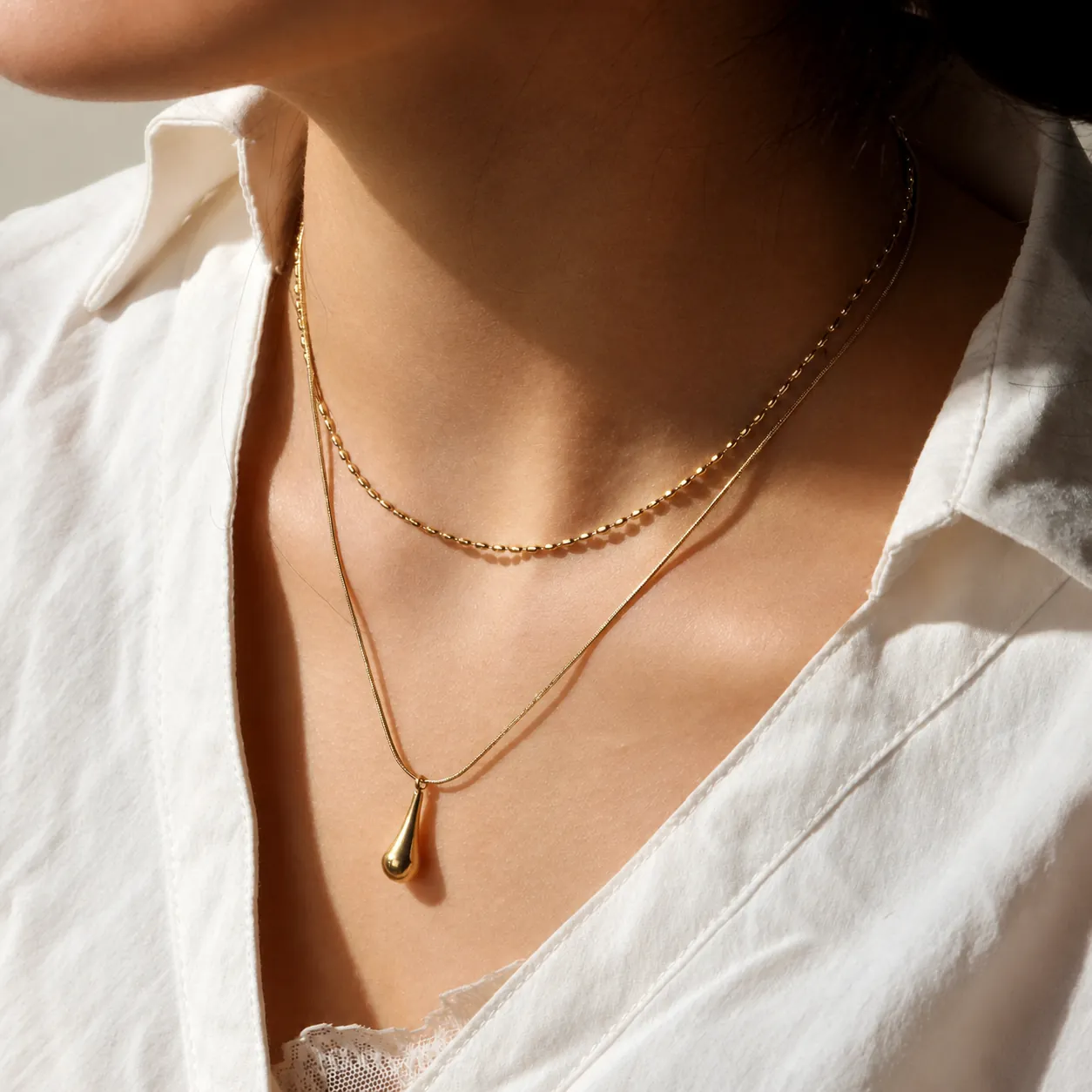 Minimalist Stainless Steel Double Layered Necklace Gold Plated Waterdrop Pendant Snake Bead Chain Necklaces For Women Jewelry