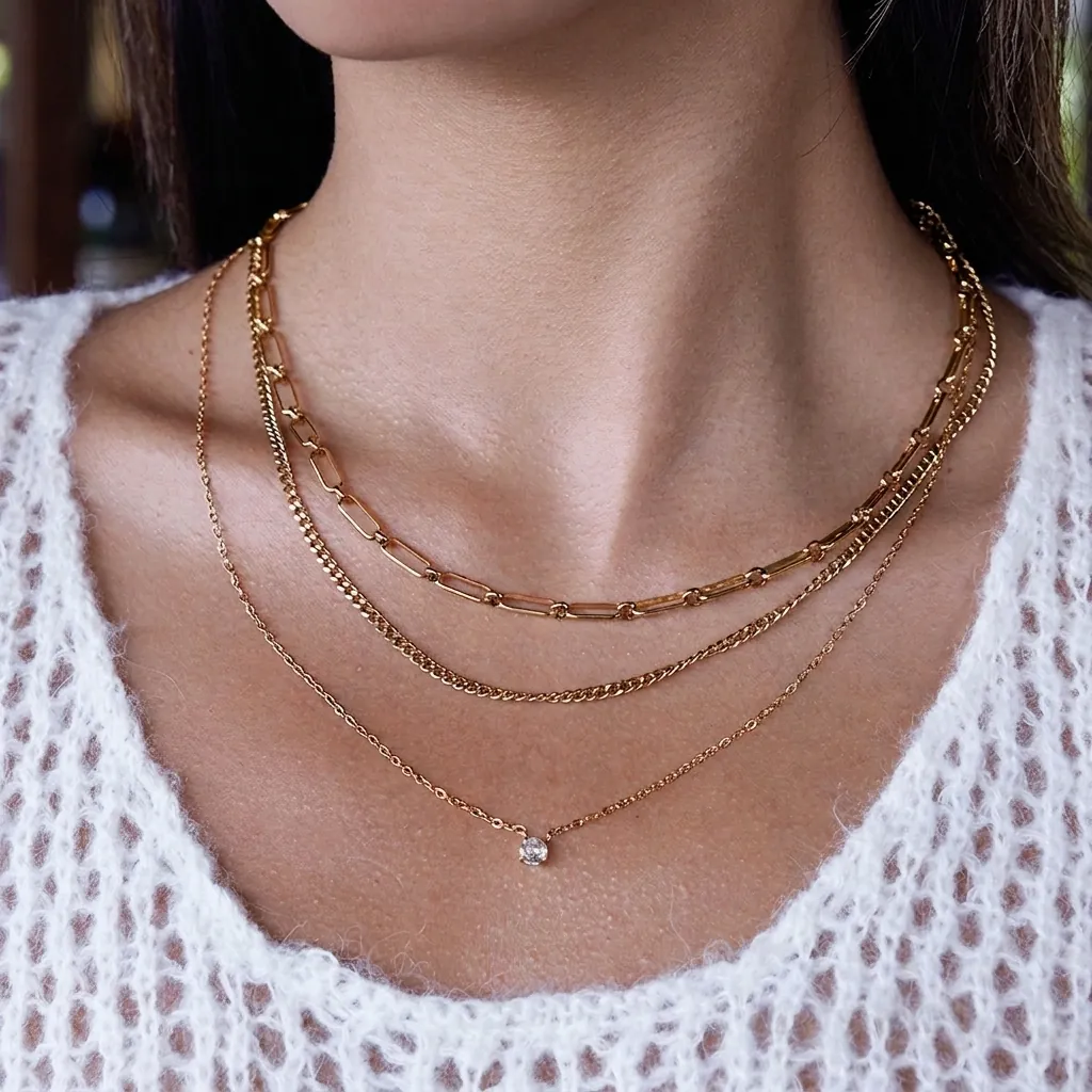 Collier à Trois Rangs en Acier Inoxydable pour Femmes Plaqué Or Chaîne à Trombones avec Pendentif en Zirconia Bijoux Cadeau
