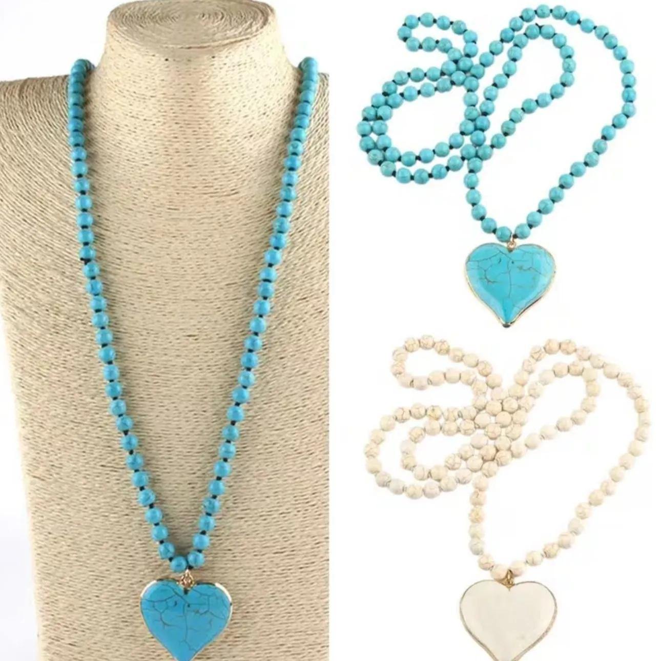 Bohemian Long Beaded Necklace With Large Turquoise Heart Pendant Alloy Golden Plated Edging Vintage Ethnic Jewelry For Women
