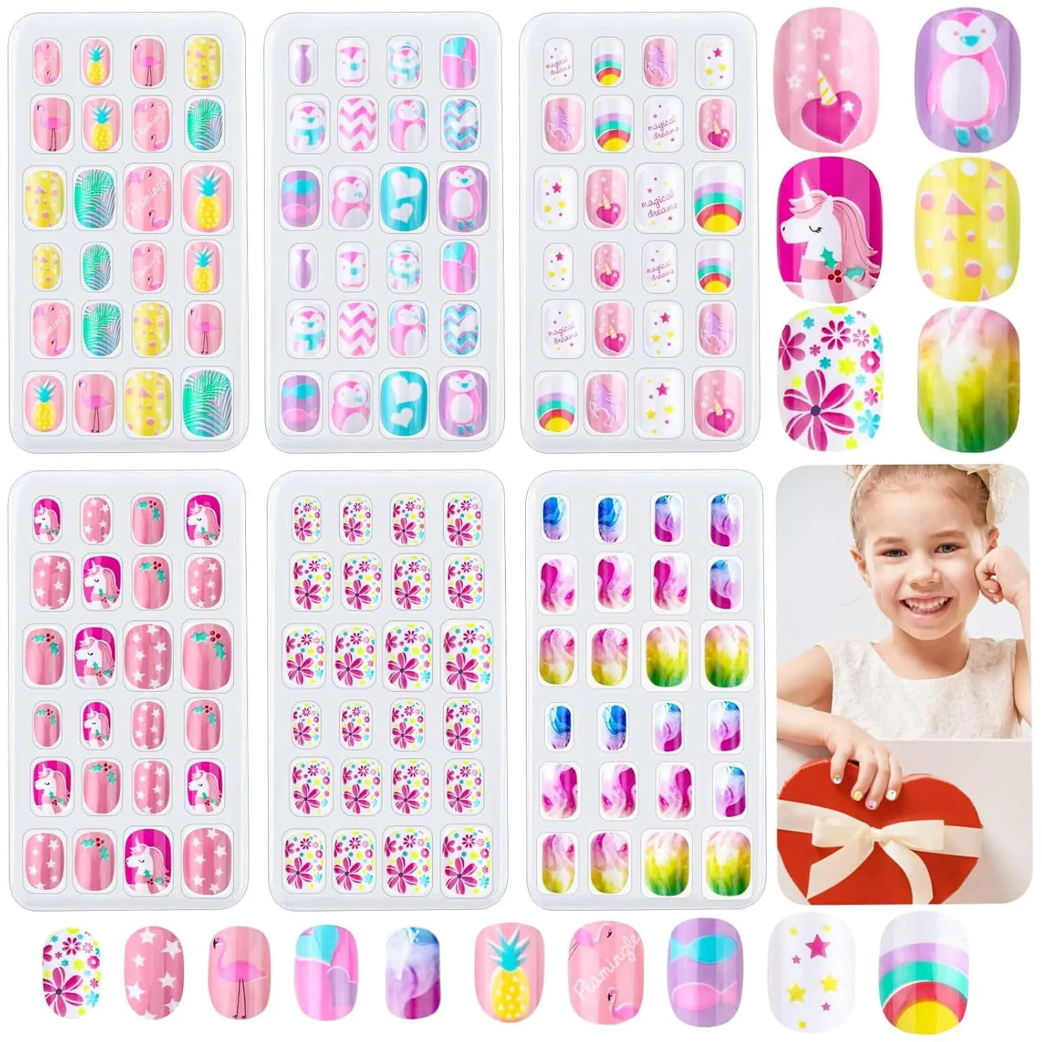 Children Press On Nails Cartoon Animal Heart Patterns Plastic False Nails Removable Adhesive Manicure Art For Kids Girls