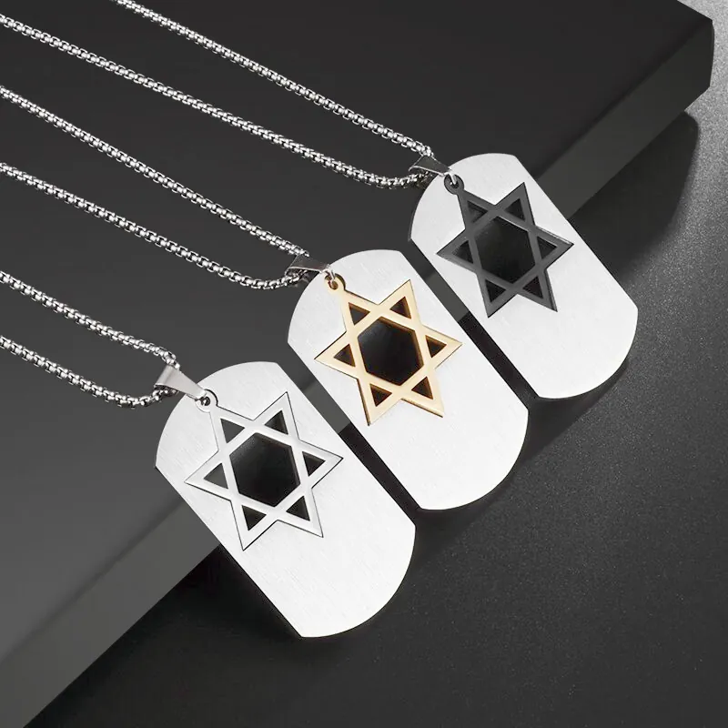 Vintage Edelstahl Davidsstern Erkennungsmarke Anhänger Halskette für Herren Damen Mode Religiöser Schmuck Geschenk Poliert