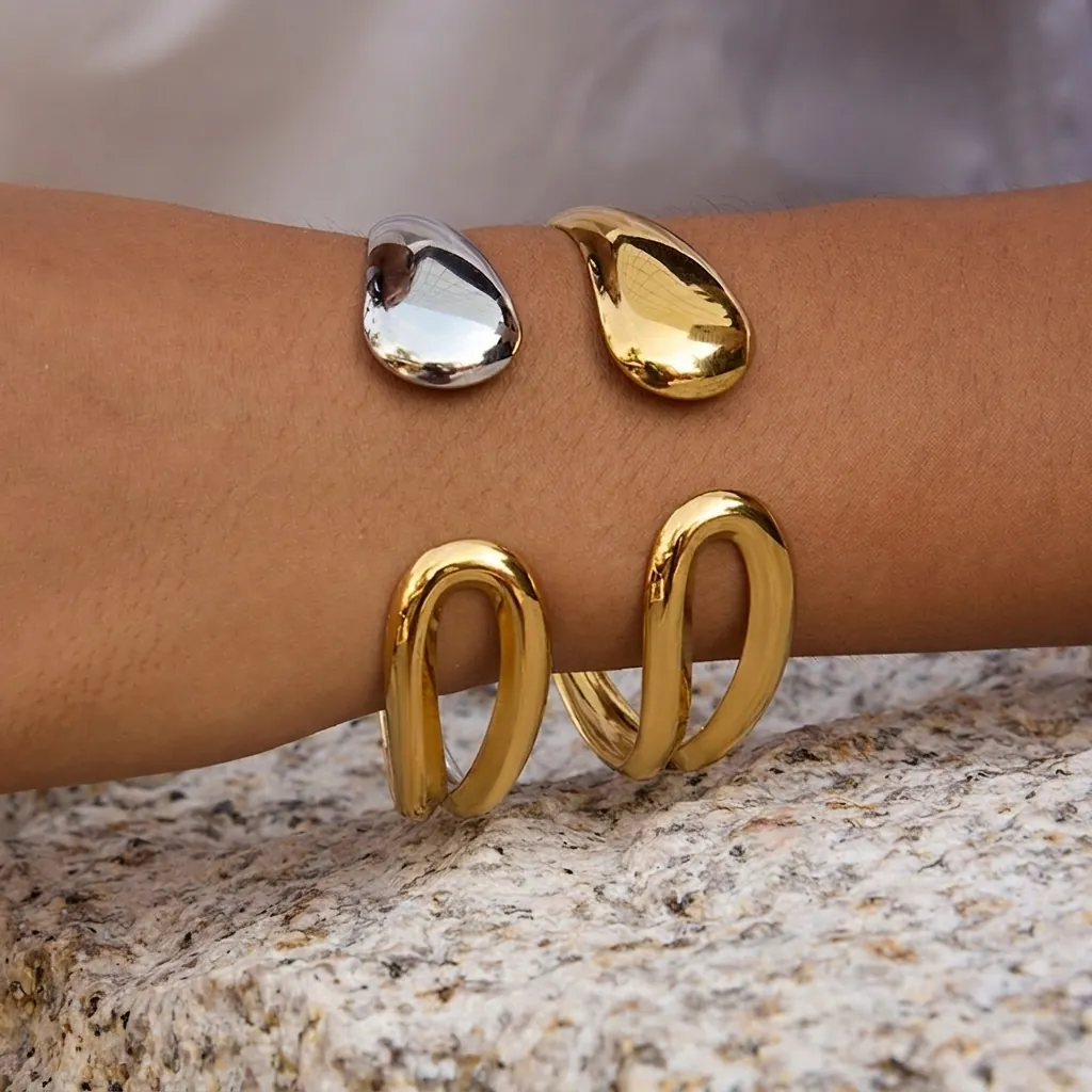 Minimalist Stainless Steel Cuff Bracelet For Women Teardrop Geometric Open Bangle High Polish Gold Silver Plated Waterproof Jewelry Gift