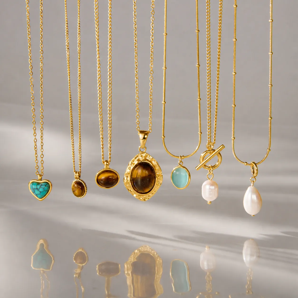 Collana con Pendente in Acciaio Inossidabile Vintage con Occhio di Tigre e Perla Artificial per Donna Oro Impermeabile