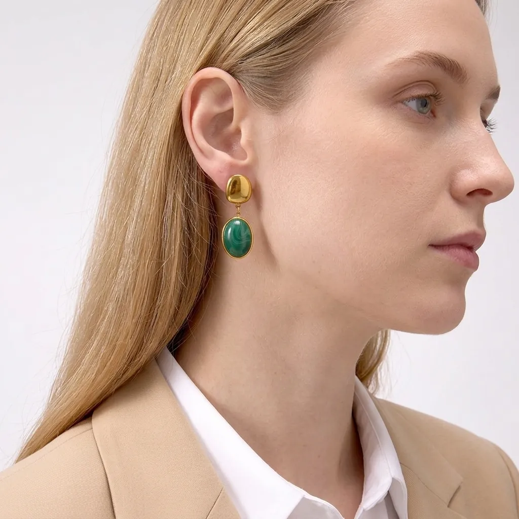 Vintage Stainless Steel Green Malachite Style Resin Pendant Earrings Oval Geometric Gold Plated Women Jewelry