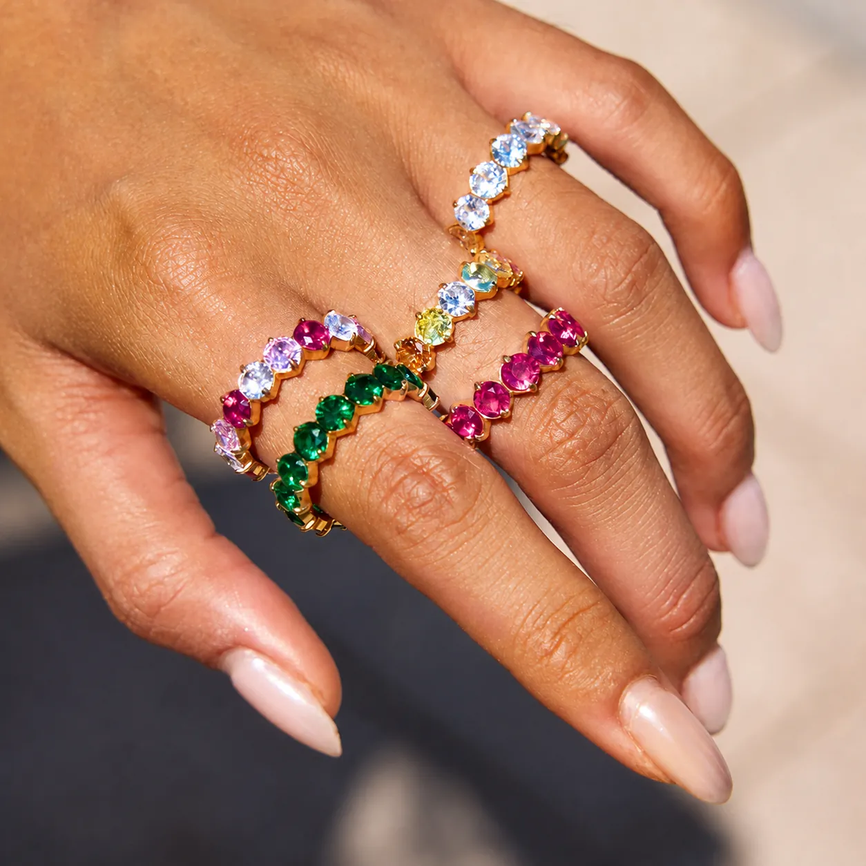 Stainless Steel Colorful Zirconia Eternity Ring For Women Luxury Gold Plated Geometric Inlaid Stackable Finger Ring Jewelry Gift