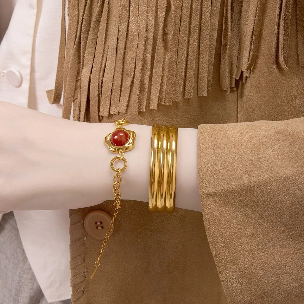 Vintage Stainless Steel Red Agate Floral Bracelet And Textured Open Bangle For Women Bohemian Gold Plated Jewelry Gift