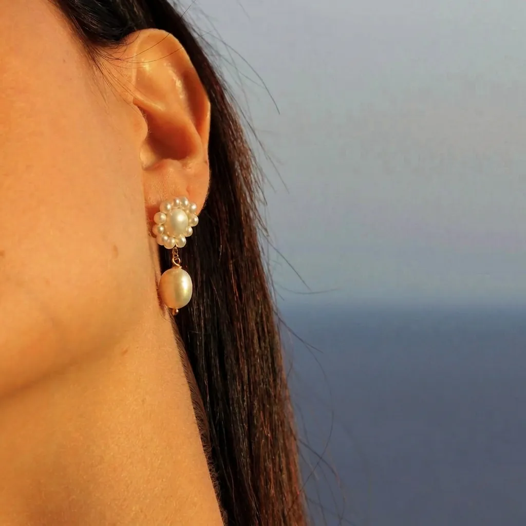 Stainless Steel Artificial Baroque Pearl Drop Earrings Flower Cluster Sun Flower Vintage Elegant Dangle Earrings For Women Luxury Jewelry