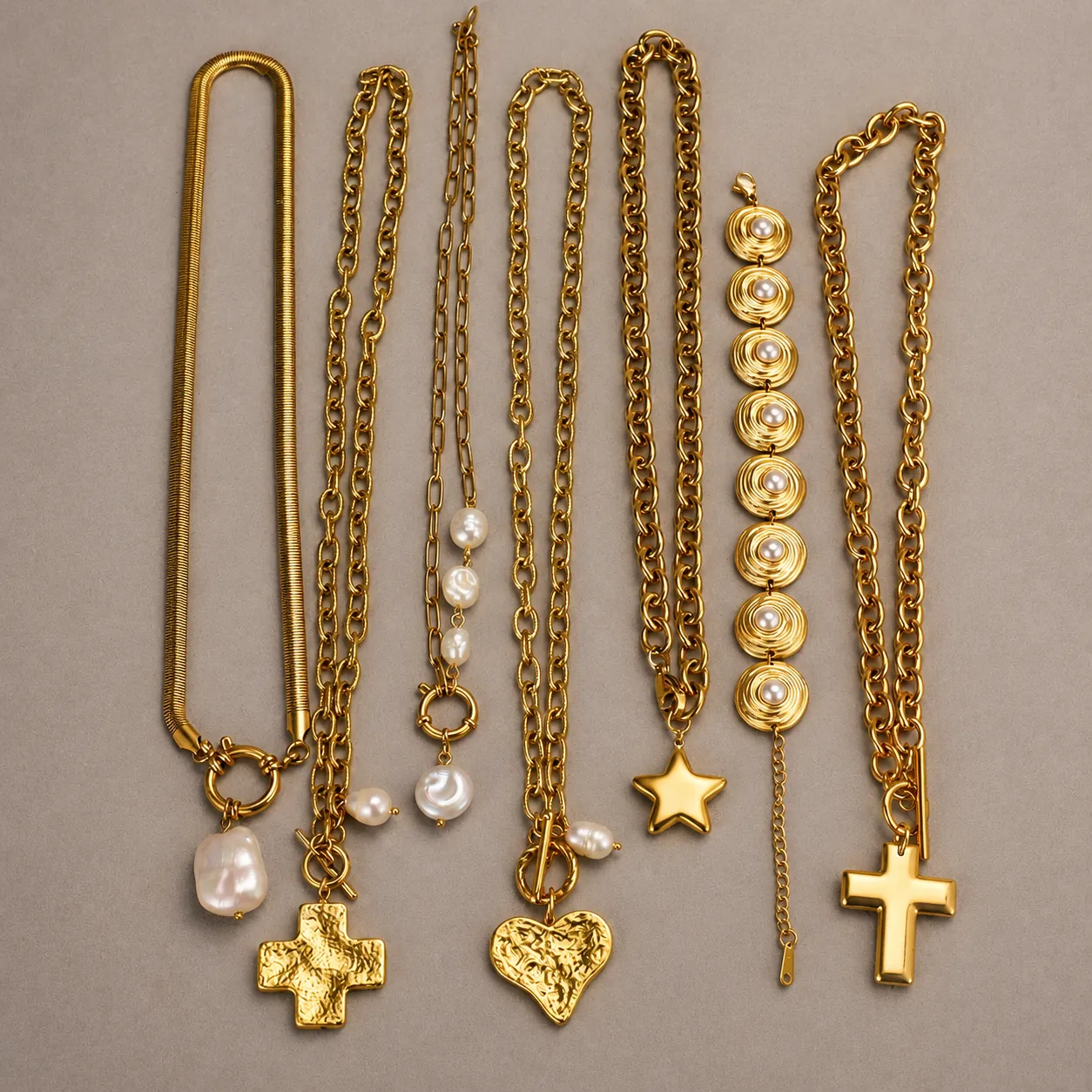 Collar de Perlas Artificiales de Acero Inoxidable para Mujer Chapado en Oro Plata Cruz Corazón Estrella Ángel Pájaro Rosa Colgante Joyería Impermeable Hipoalergénico