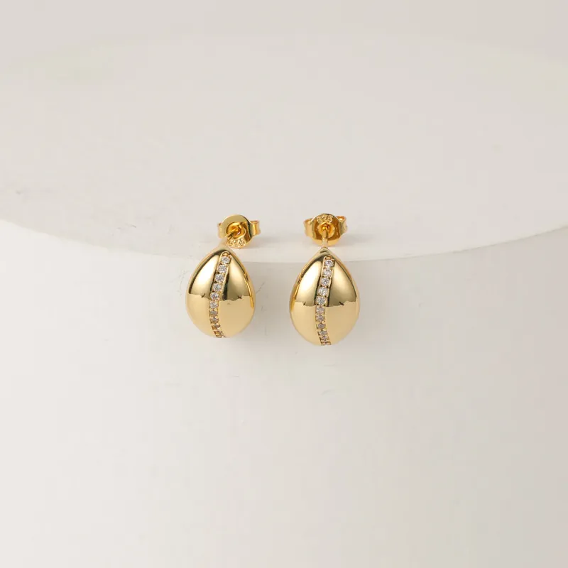 Luxury 14K Gold Plated Brass Stud Earrings With 925 Sterling Silver Earring Post Zircon Oval Waterdrop Jewelry For Women